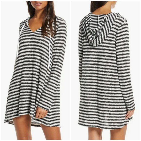 💕LA BLANCA Slouchy Hooded Sweater Cover-Up Tunic Black White Stripes Medium NWT